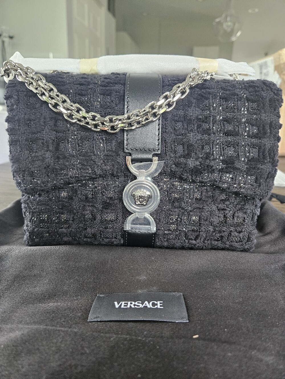 NWT💎💎Versace Black Tweed And Leather Shoulder Bag - Picture 1 of 11